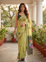 MIMOSA Olive Bhagalpuri Cotton linen Saree — close-up of model's shoulder