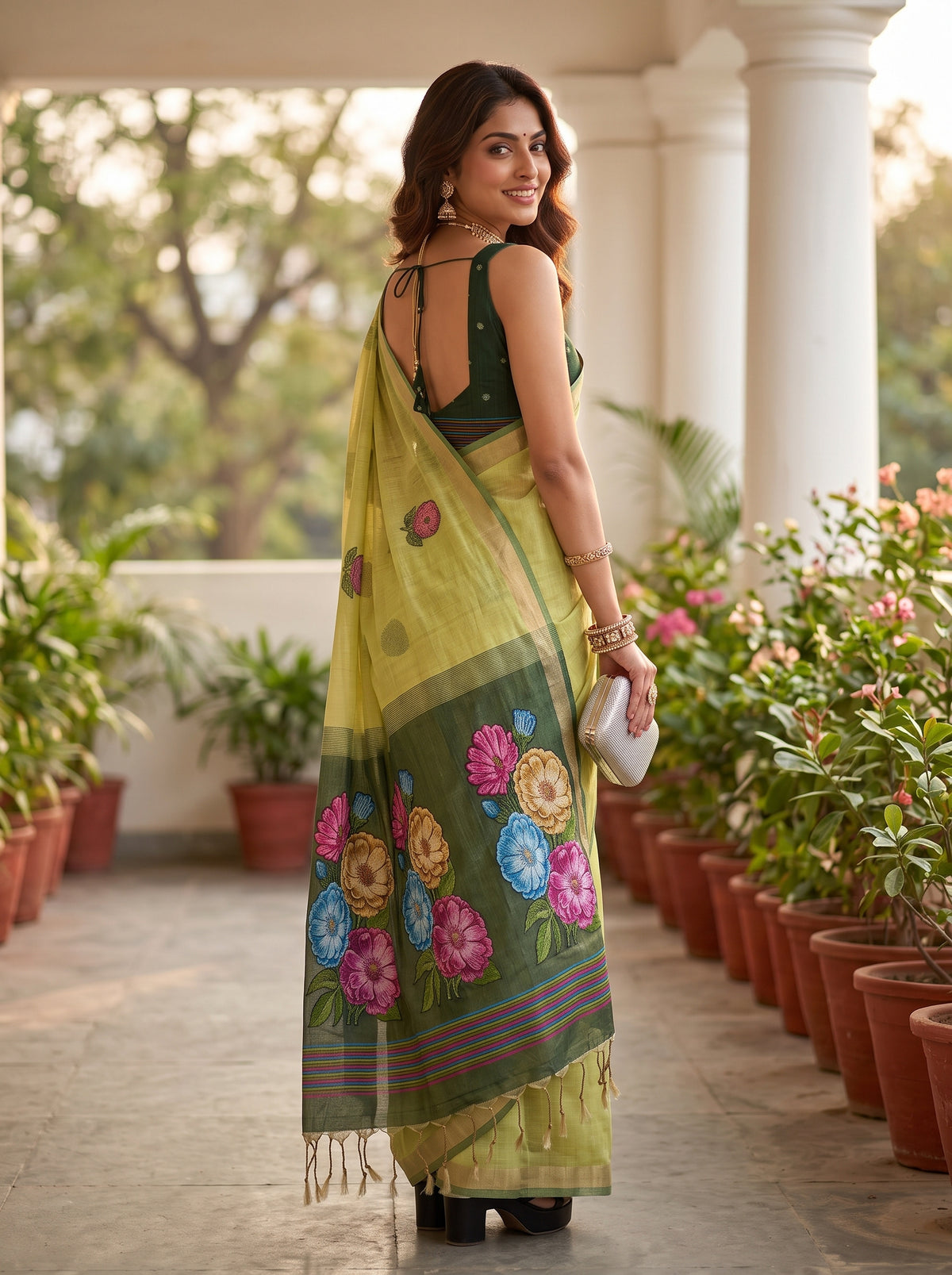 MIMOSA Olive Bhagalpuri Cotton linen Saree — close-up of model's arm