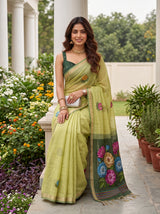 MIMOSA Olive Bhagalpuri Cotton linen Saree — close-up of saree body and hand