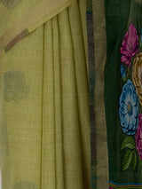 MIMOSA Olive Bhagalpuri Cotton linen Saree — close-up of pallu and potted plants