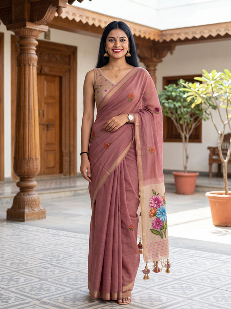MIMOSA Gajari Bhagalpuri Cotton linen Saree — AI Model lifestyle pose