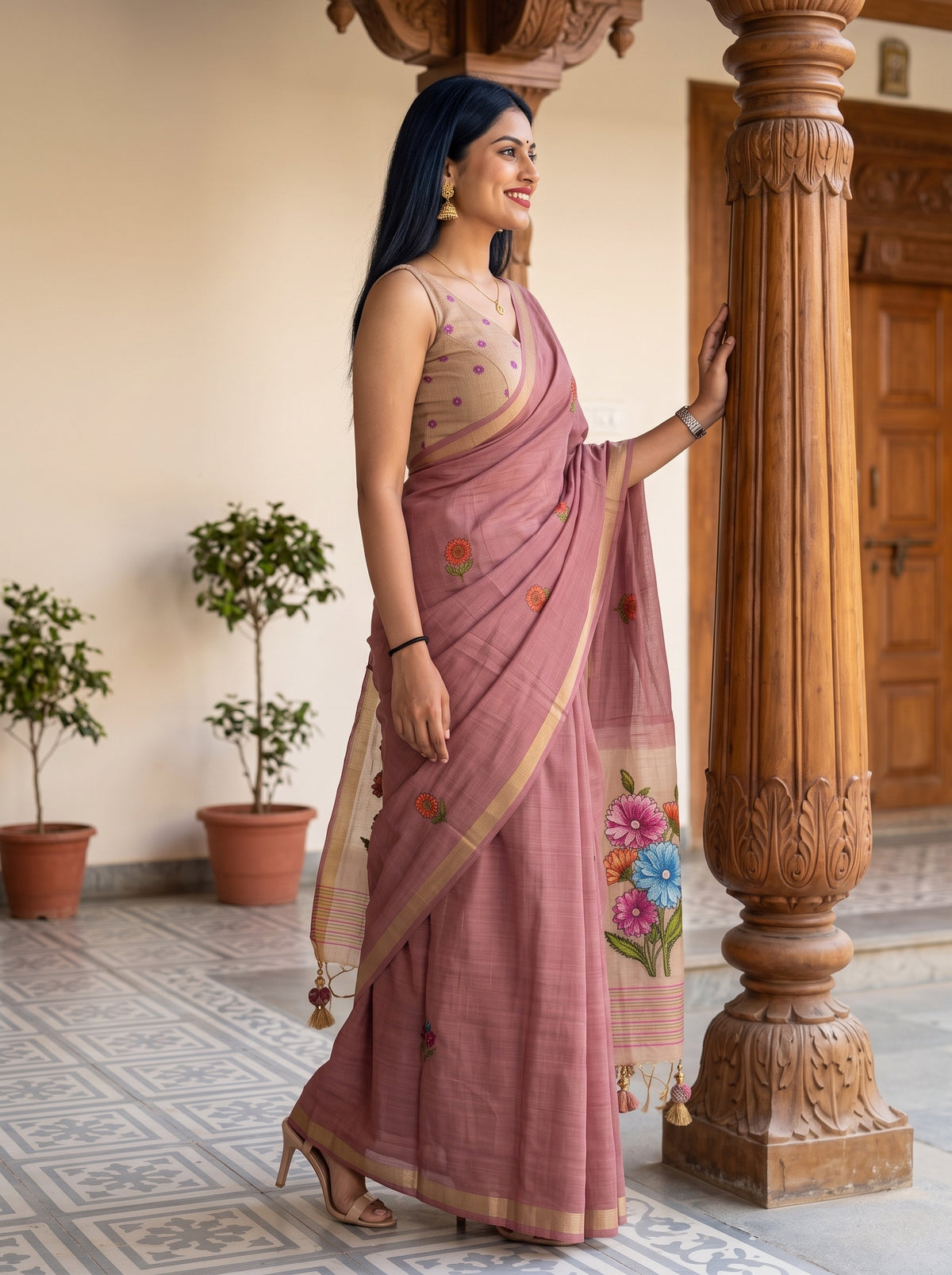 MIMOSA Gajari Bhagalpuri Cotton linen Saree — pose 3 styling detail