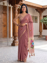 MIMOSA Gajari Bhagalpuri Cotton linen Saree — pose 4 styling detail