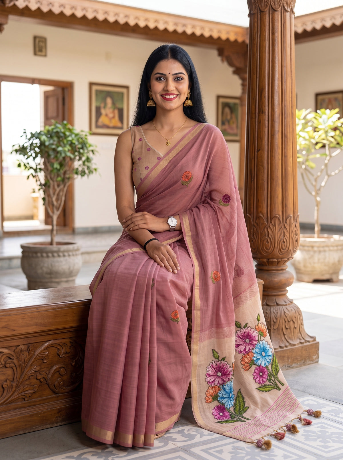 MIMOSA Gajari Bhagalpuri Cotton linen Saree — pose 8 styling detail