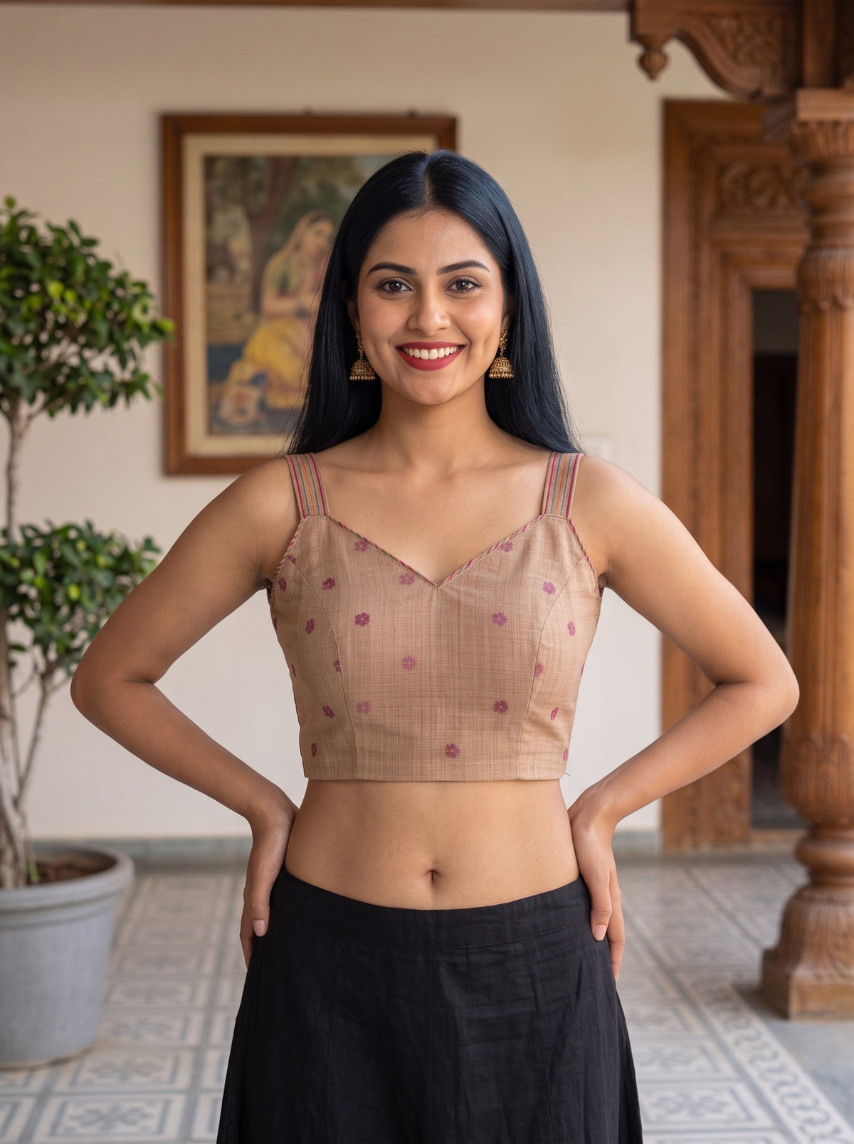 MIMOSA Gajari Bhagalpuri Cotton linen Saree — blouse close-up
