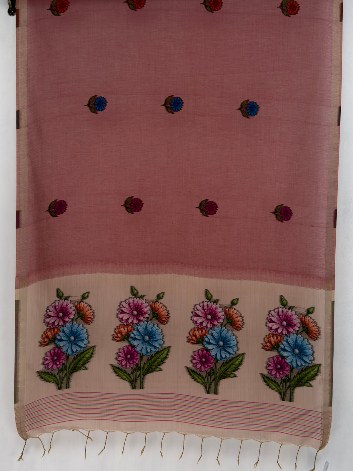 MIMOSA Gajari Bhagalpuri Cotton linen Saree — pallu and zari work detail