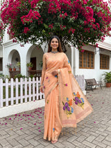 MIMOSA Peach Bhagalpuri Cotton linen Saree — AI Model lifestyle