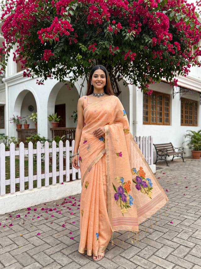 MIMOSA Peach Bhagalpuri Cotton linen Saree — AI Model lifestyle