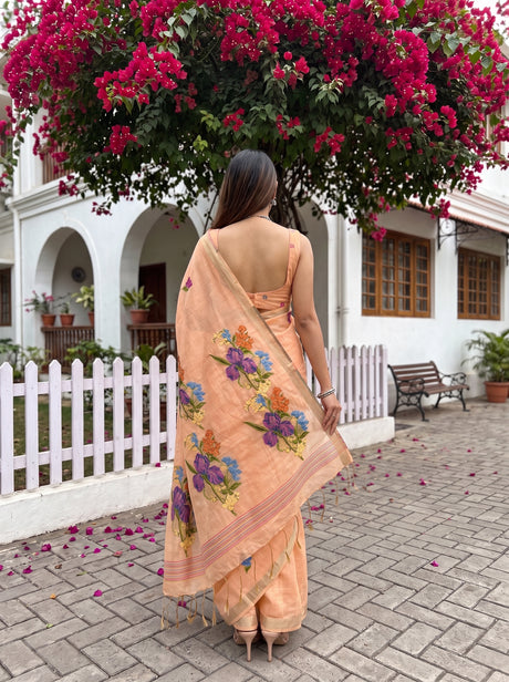 MIMOSA Peach Bhagalpuri Cotton linen Saree — saree shot pallu body