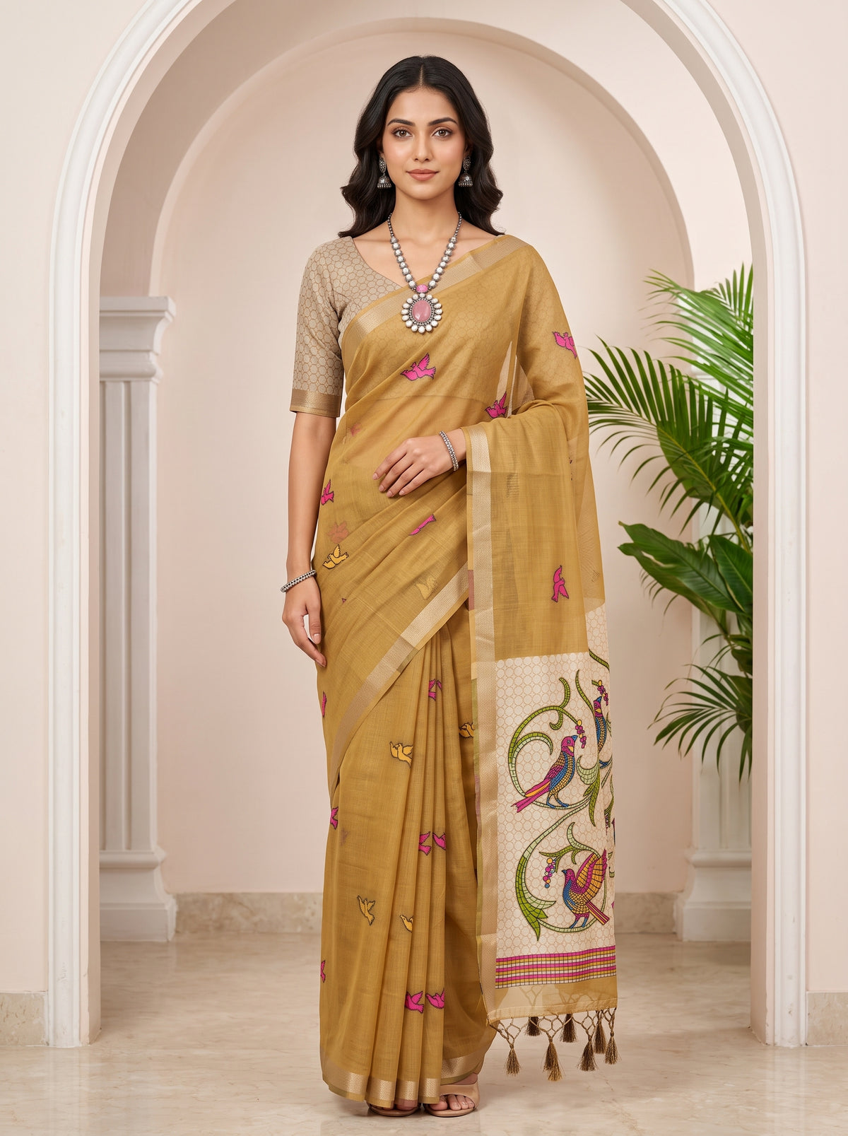 MIMOSA Chiku Bhagalpuri Cotton linen Saree — draped on mannequin