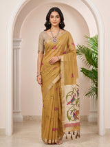 MIMOSA Chiku Bhagalpuri Cotton linen Saree — draped on mannequin