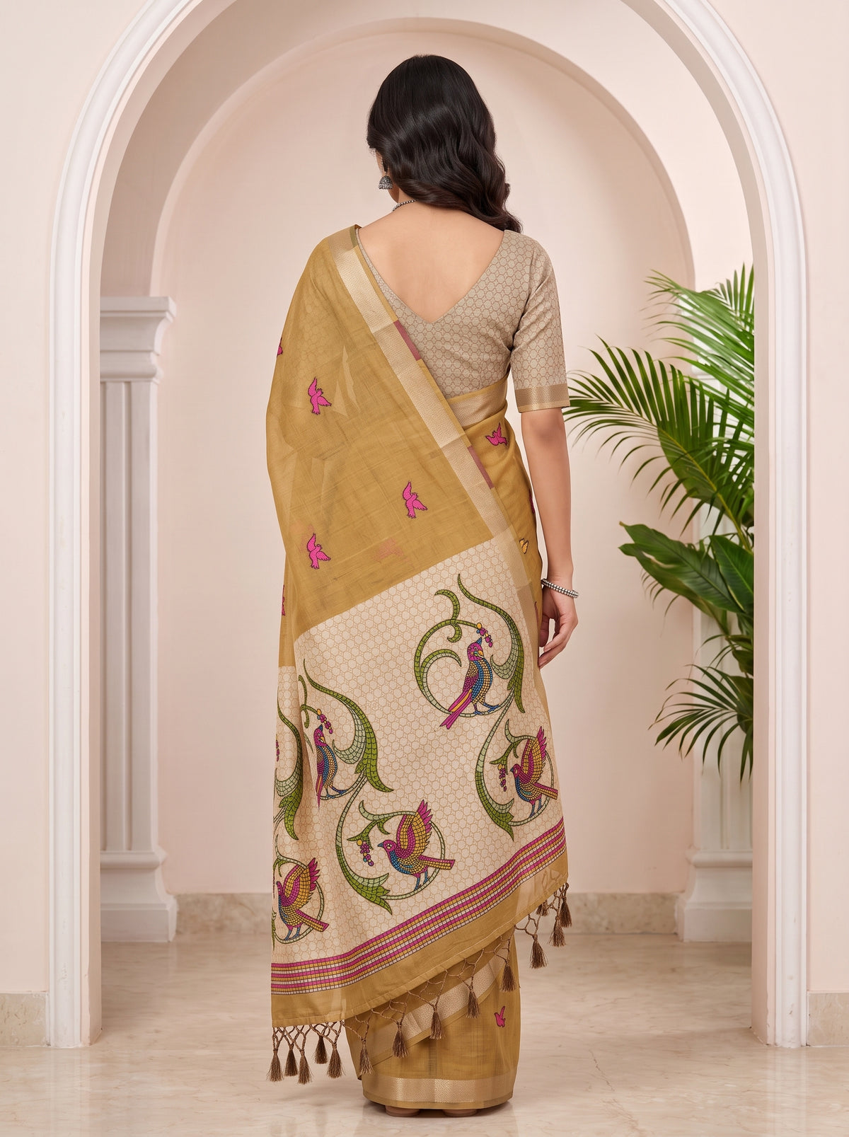 MIMOSA Chiku Bhagalpuri Cotton linen Saree — pallu and body detail