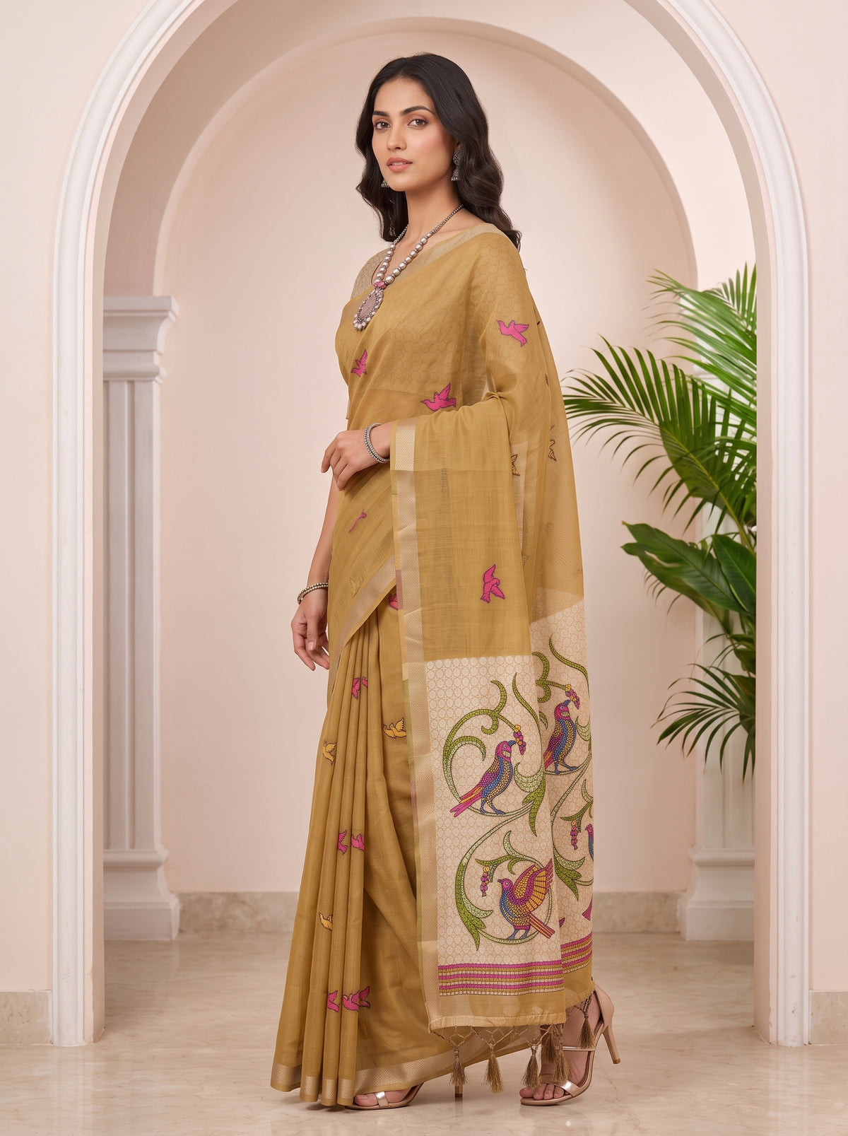 MIMOSA Chiku Bhagalpuri Cotton linen Saree — pose 5 styling detail