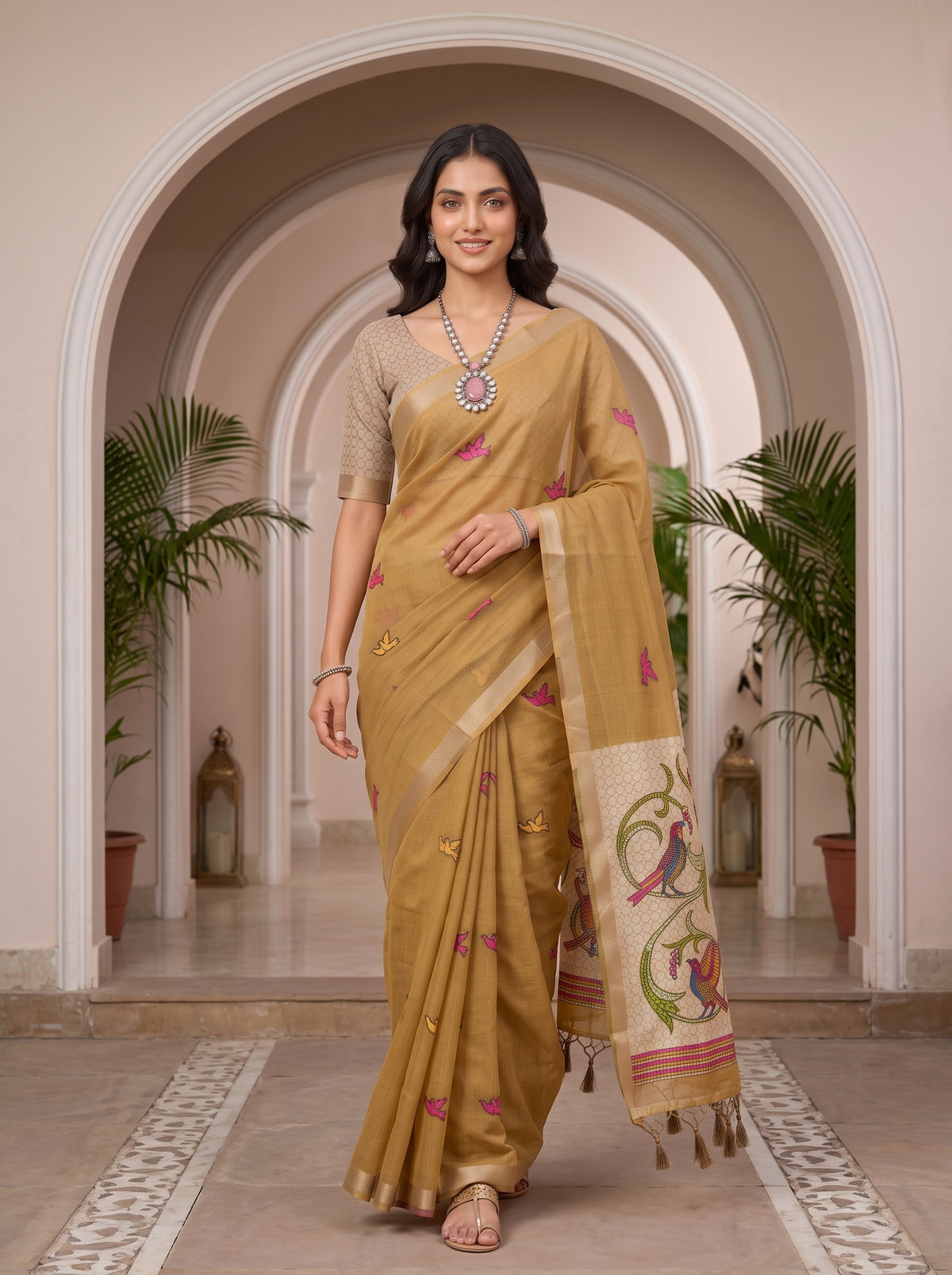 MIMOSA Chiku Bhagalpuri Cotton linen Saree — pose 6 styling detail