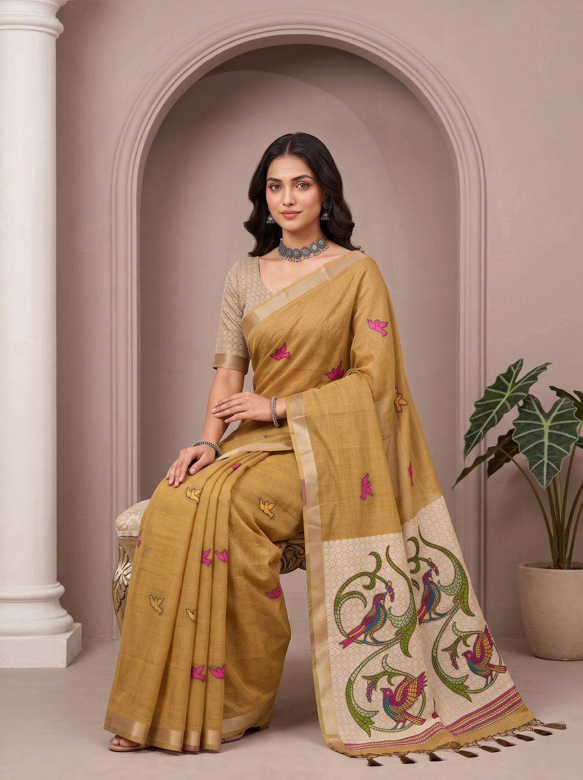 MIMOSA Chiku Bhagalpuri Cotton linen Saree — pose 8 styling detail