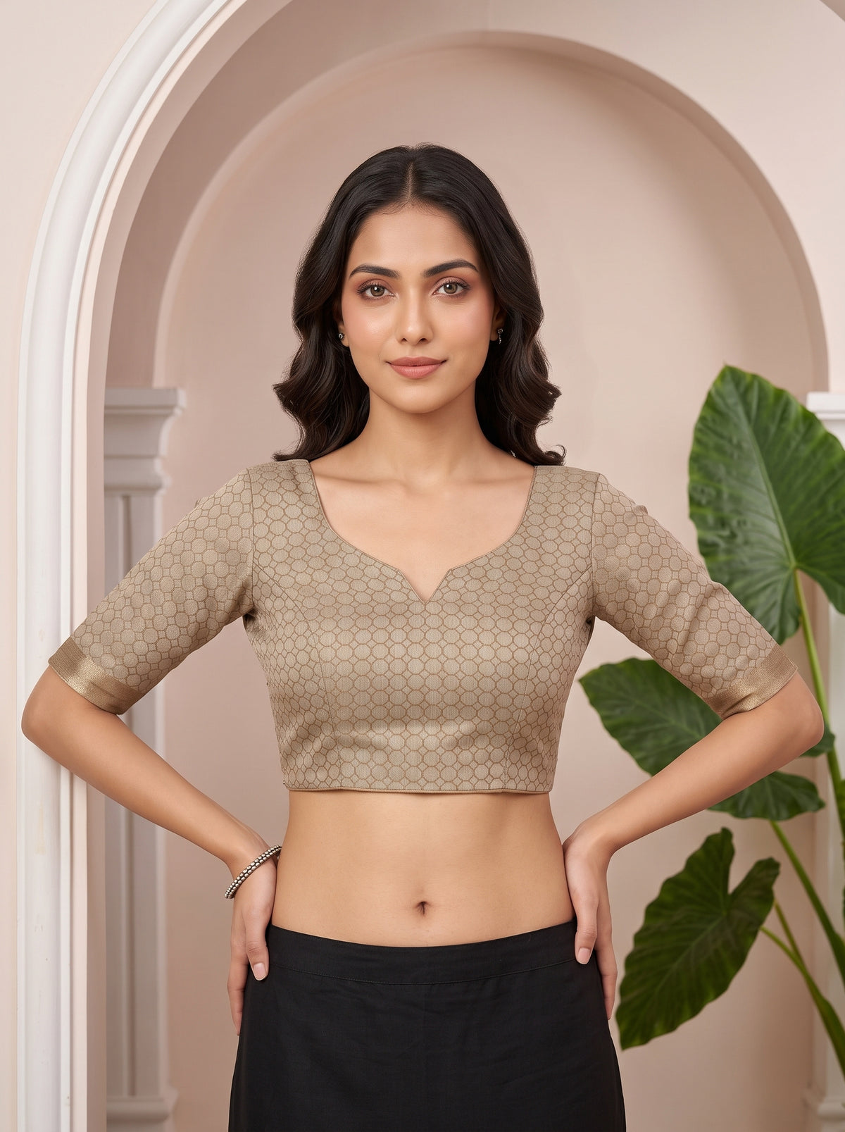 MIMOSA Chiku Bhagalpuri Cotton linen Saree — blouse close-up