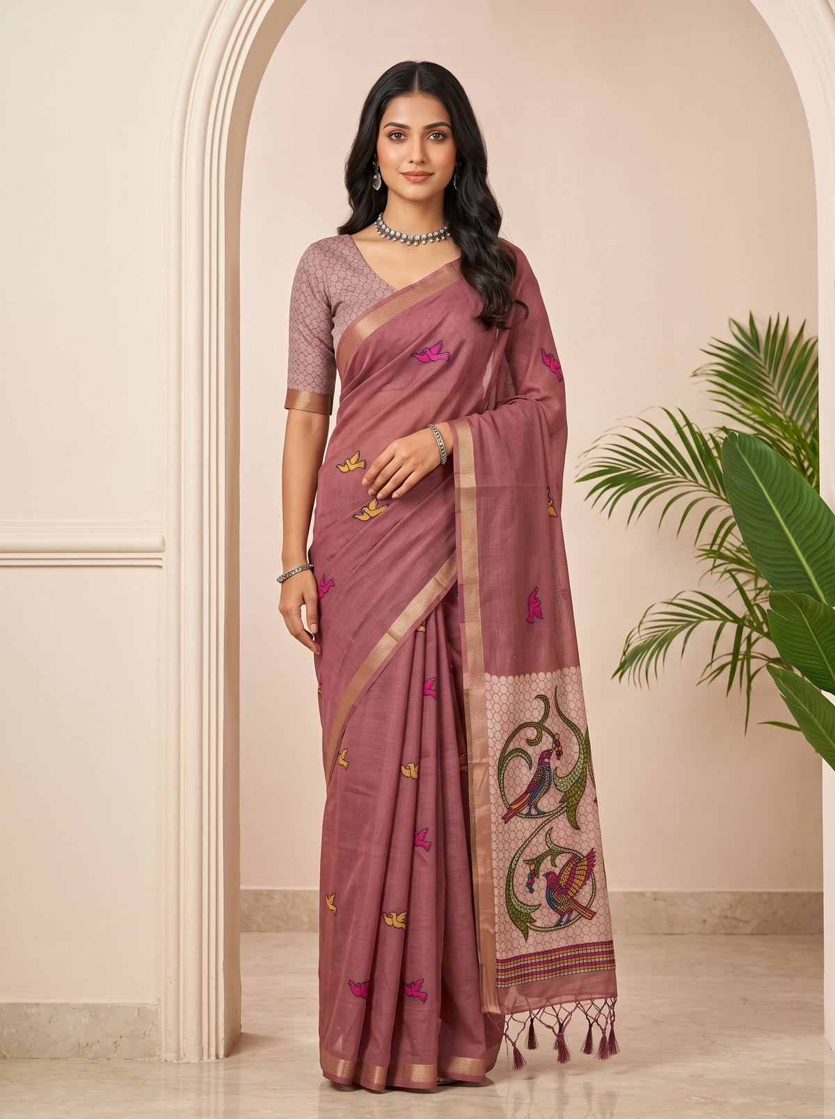 MIMOSA Gajari Bhagalpuri Cotton linen Saree — draped on mannequin