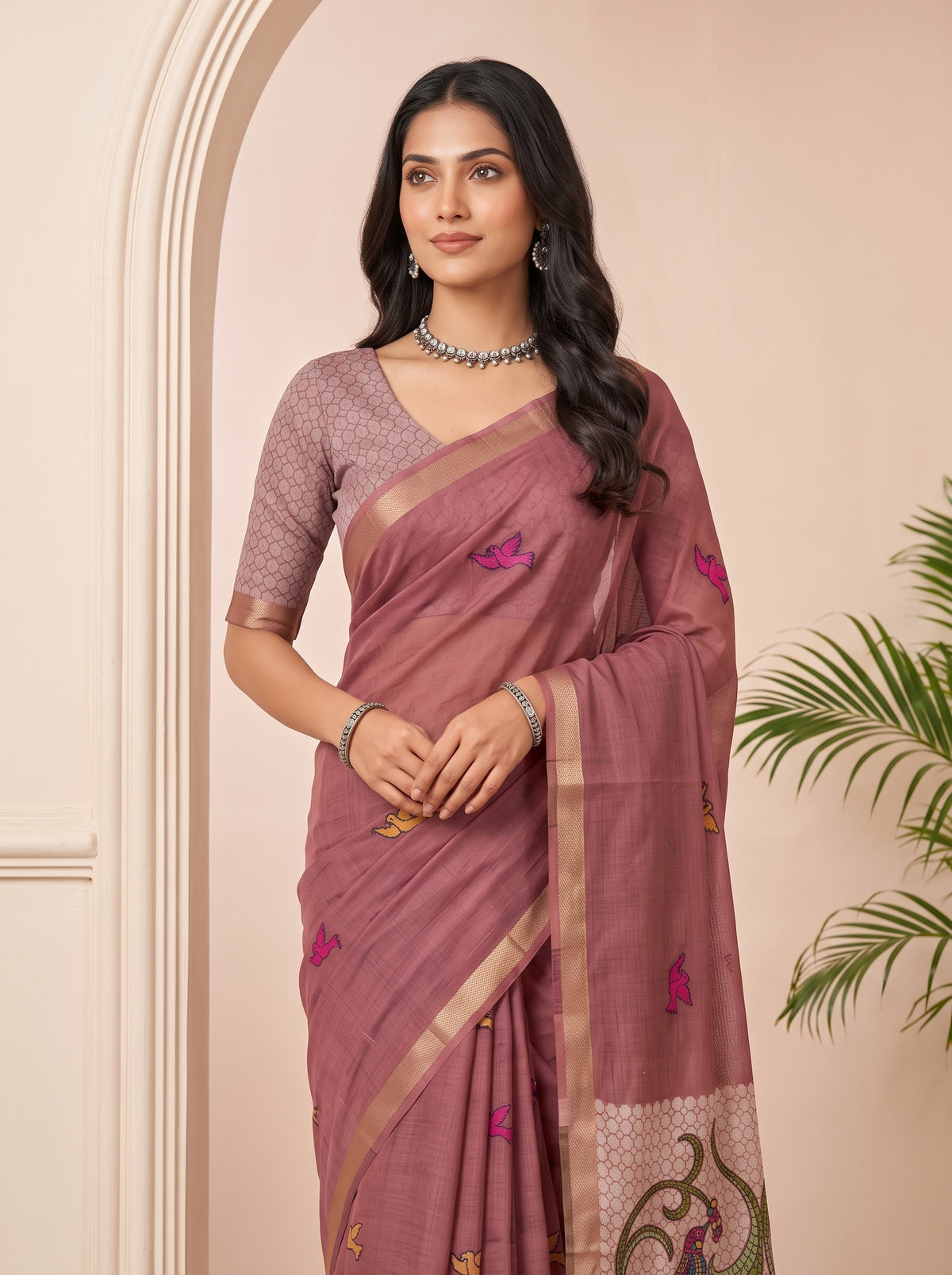 MIMOSA Gajari Bhagalpuri Cotton linen Saree — pose 10 styling detail