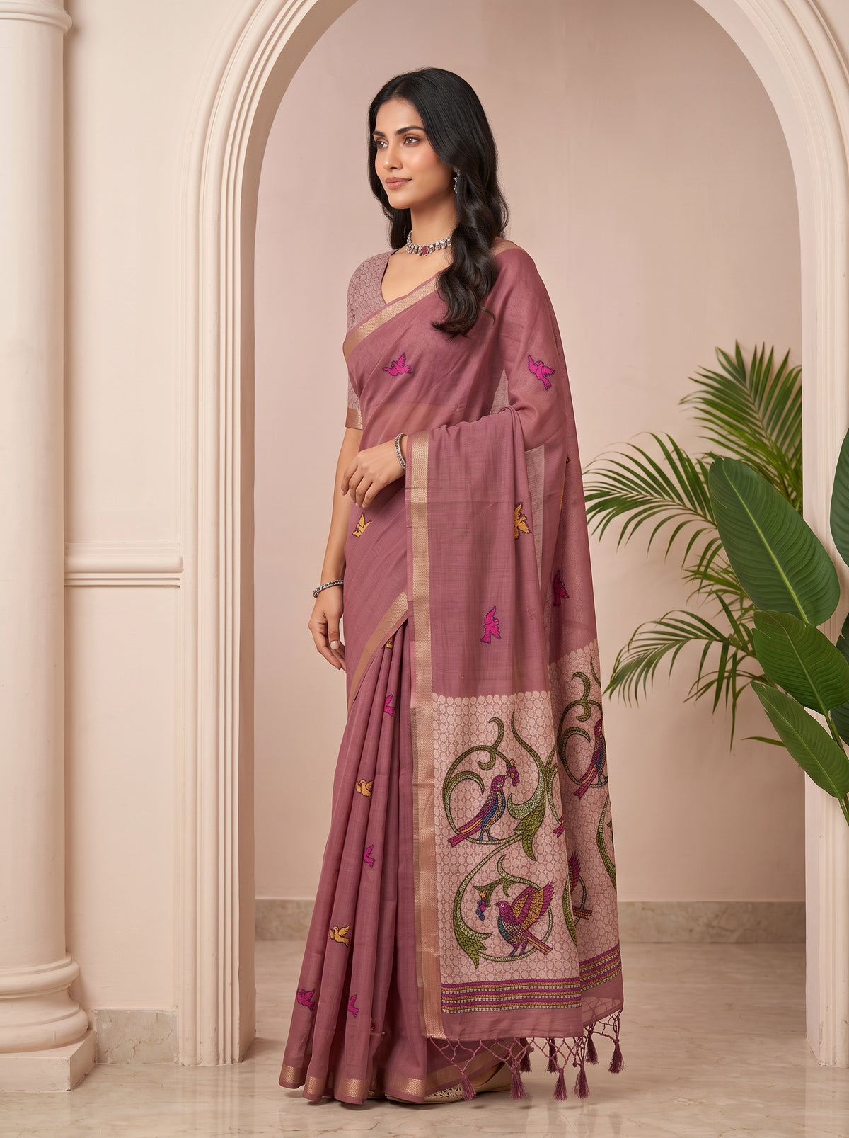 MIMOSA Gajari Bhagalpuri Cotton linen Saree — AI model lifestyle pose
