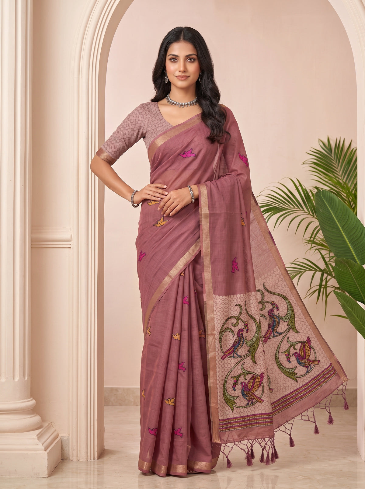 MIMOSA Gajari Bhagalpuri Cotton linen Saree — pose 4 styling detail