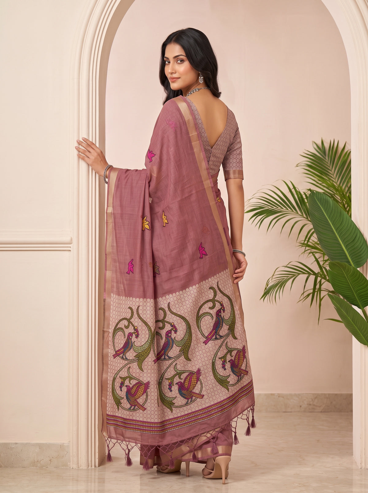 MIMOSA Gajari Bhagalpuri Cotton linen Saree — pose 7 styling detail