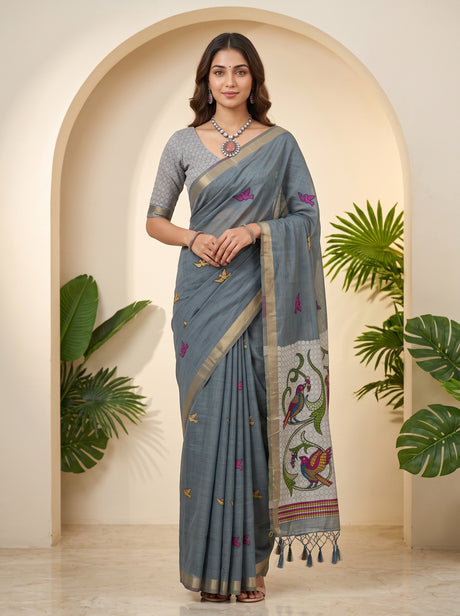 MIMOSA Grey Bhagalpuri Cotton linen Saree — draped on mannequin