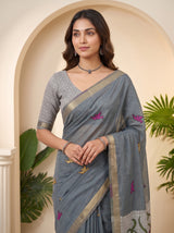 MIMOSA Grey Bhagalpuri Cotton linen Saree — pose 10 styling detail