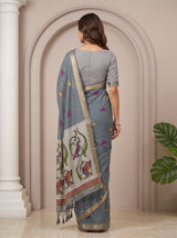 MIMOSA Grey Bhagalpuri Cotton linen Saree — pallu and body detail