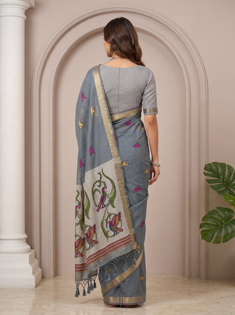 MIMOSA Grey Bhagalpuri Cotton linen Saree — pallu and body detail