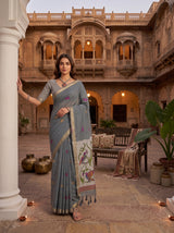 MIMOSA Grey Bhagalpuri Cotton linen Saree — AI model lifestyle pose
