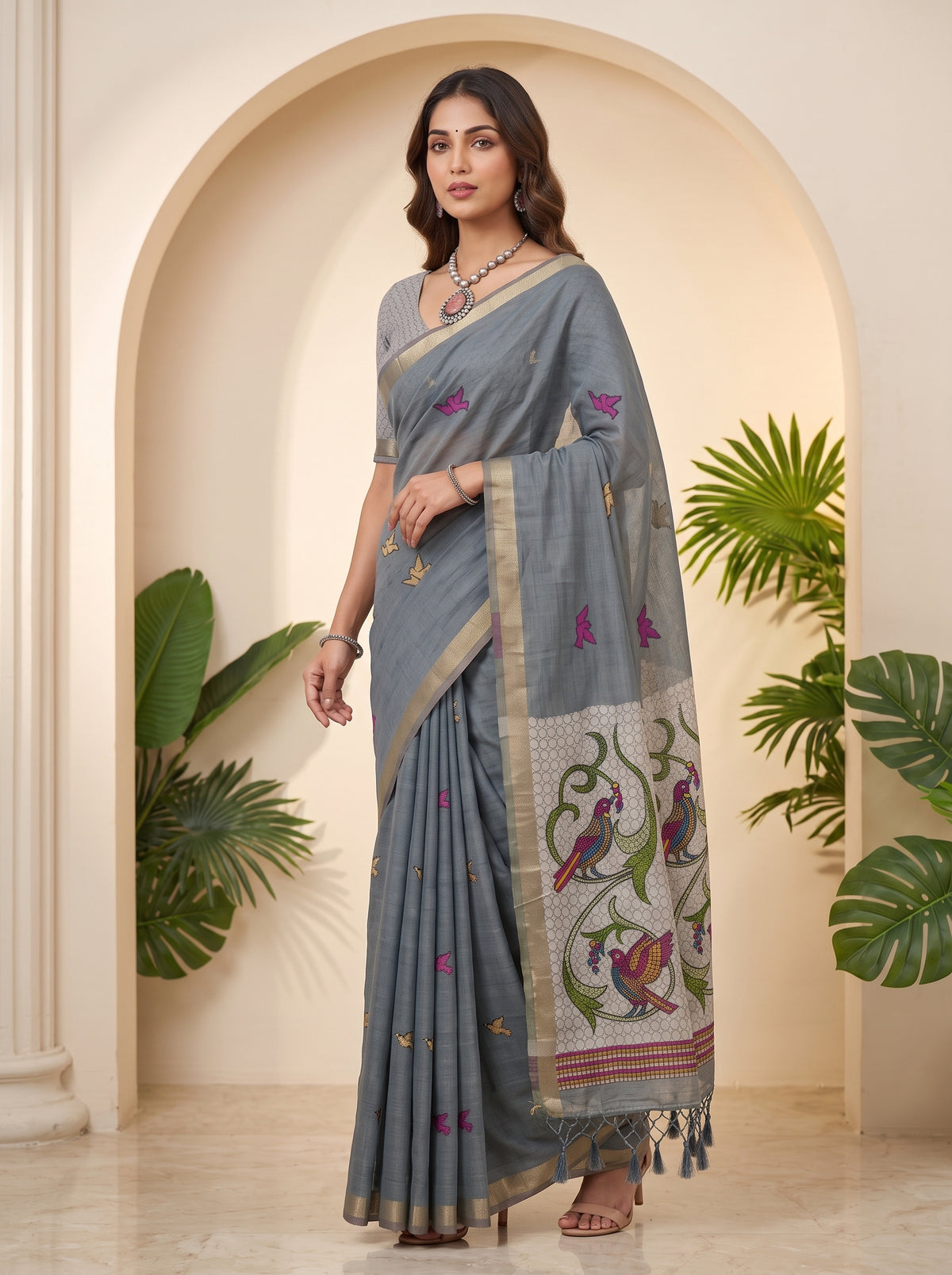 MIMOSA Grey Bhagalpuri Cotton linen Saree — pose 5 styling detail