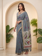 MIMOSA Grey Bhagalpuri Cotton linen Saree — pose 5 styling detail