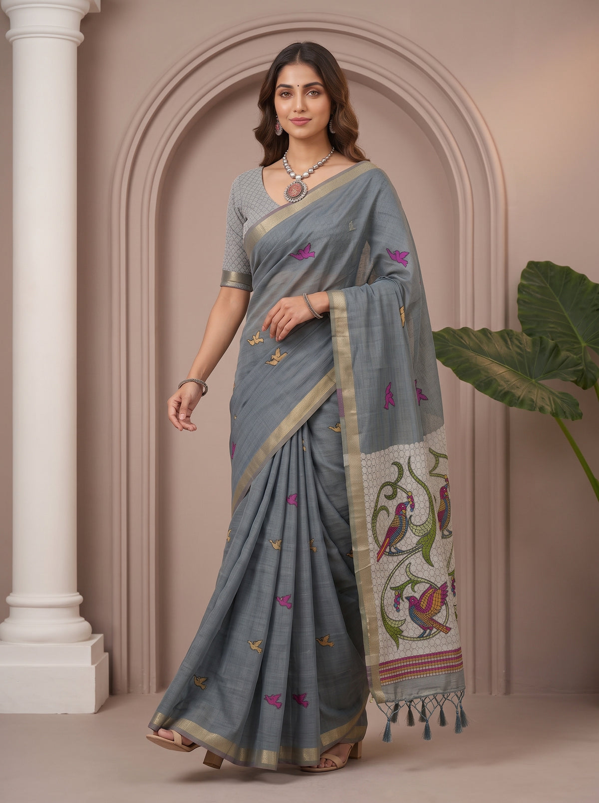 MIMOSA Grey Bhagalpuri Cotton linen Saree — pose 6 styling detail