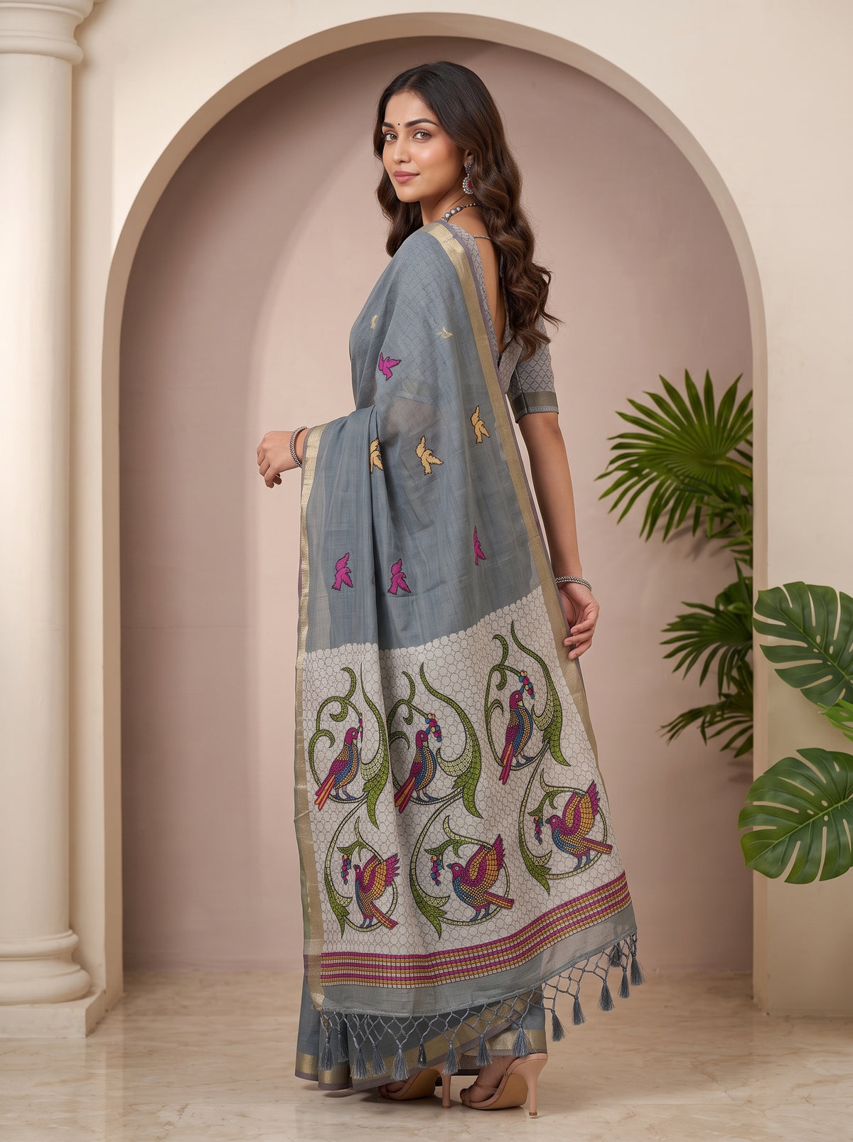MIMOSA Grey Bhagalpuri Cotton linen Saree — pose 7 styling detail