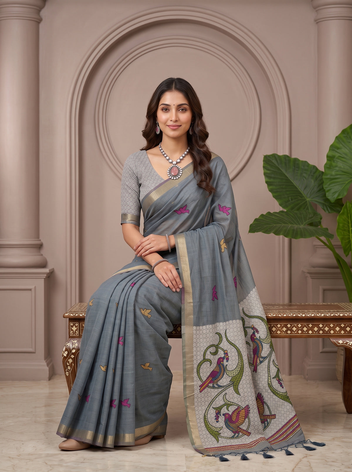 MIMOSA Grey Bhagalpuri Cotton linen Saree — pose 8 styling detail