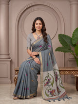 MIMOSA Grey Bhagalpuri Cotton linen Saree — pose 8 styling detail