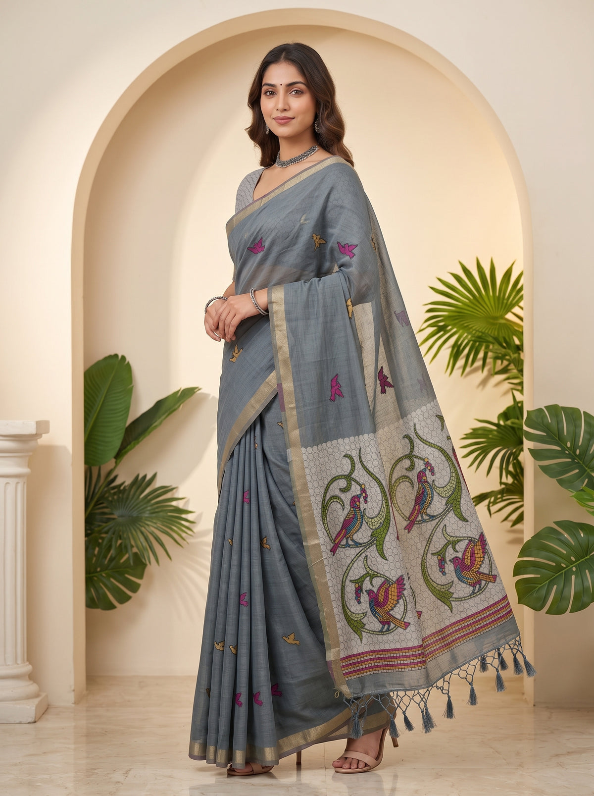 MIMOSA Grey Bhagalpuri Cotton linen Saree — pose 9 styling detail