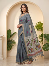 MIMOSA Grey Bhagalpuri Cotton linen Saree — pose 9 styling detail