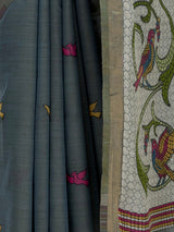 MIMOSA Grey Bhagalpuri Cotton linen Saree — fleets shot full lifestyle