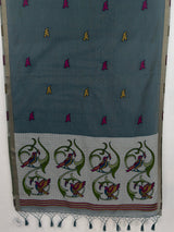 MIMOSA Grey Bhagalpuri Cotton linen Saree — pallu and zari work detail
