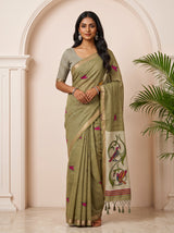 MIMOSA Mehndi Bhagalpuri Cotton linen Saree — draped on mannequin