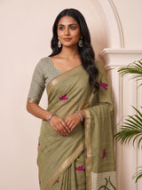 MIMOSA Mehndi Bhagalpuri Cotton linen Saree — pose 10 styling detail