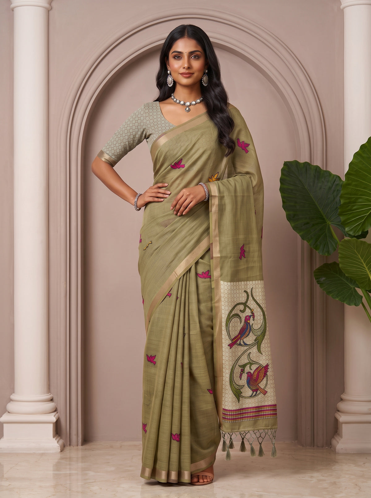 MIMOSA Mehndi Bhagalpuri Cotton linen Saree — pose 4 styling detail