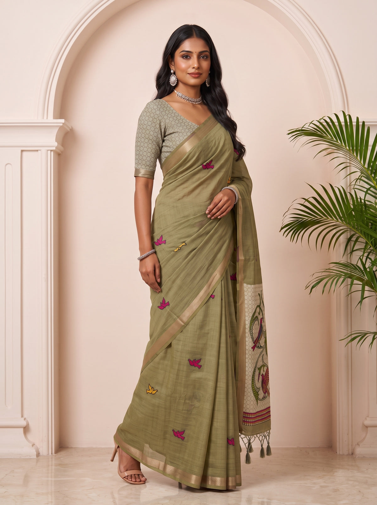 MIMOSA Mehndi Bhagalpuri Cotton linen Saree — pose 5 styling detail
