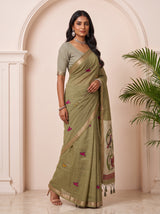 MIMOSA Mehndi Bhagalpuri Cotton linen Saree — pose 5 styling detail