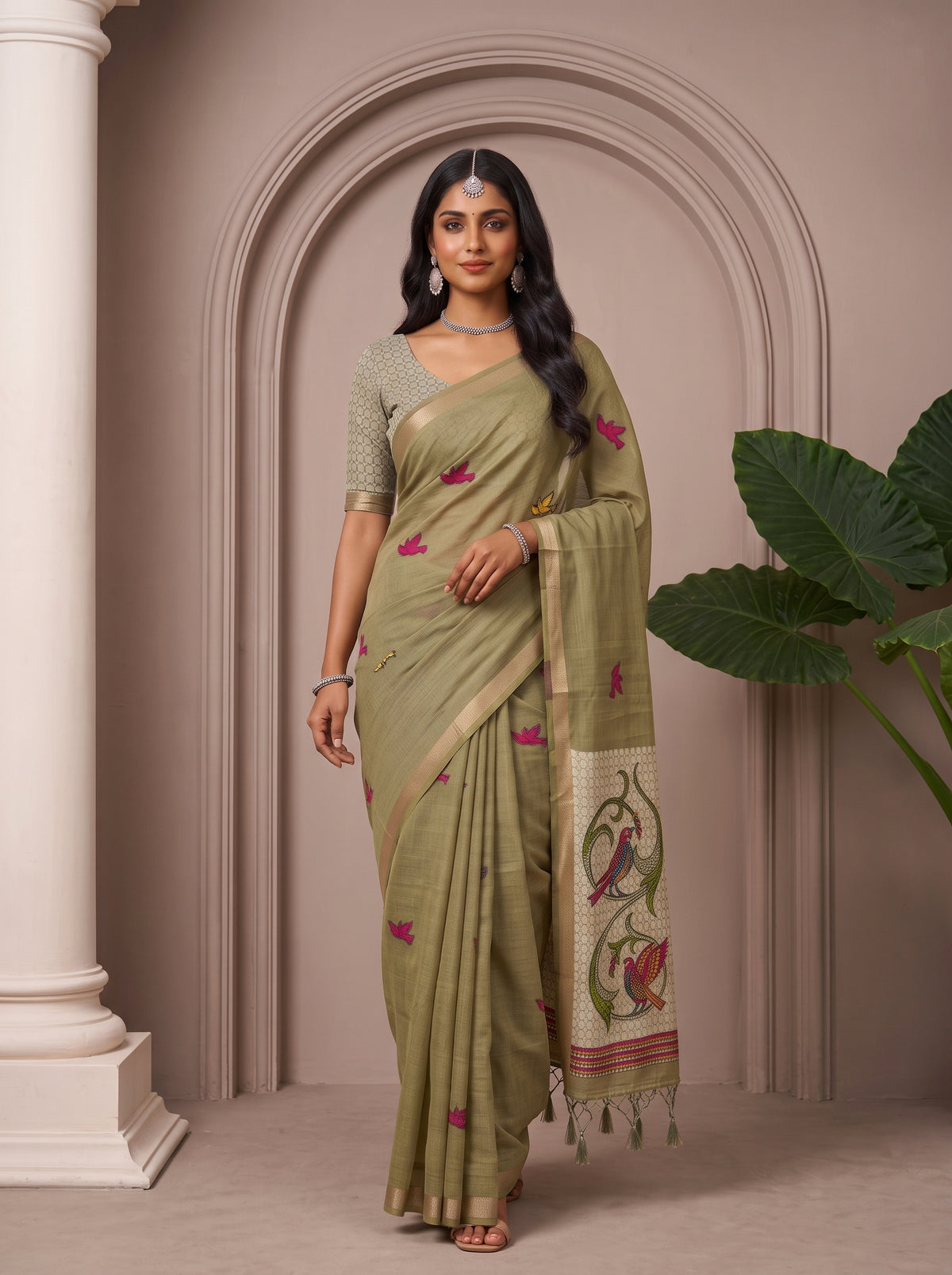 MIMOSA Mehndi Bhagalpuri Cotton linen Saree — pose 6 styling detail