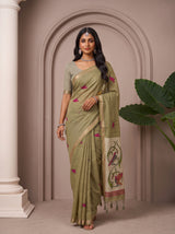 MIMOSA Mehndi Bhagalpuri Cotton linen Saree — pose 6 styling detail