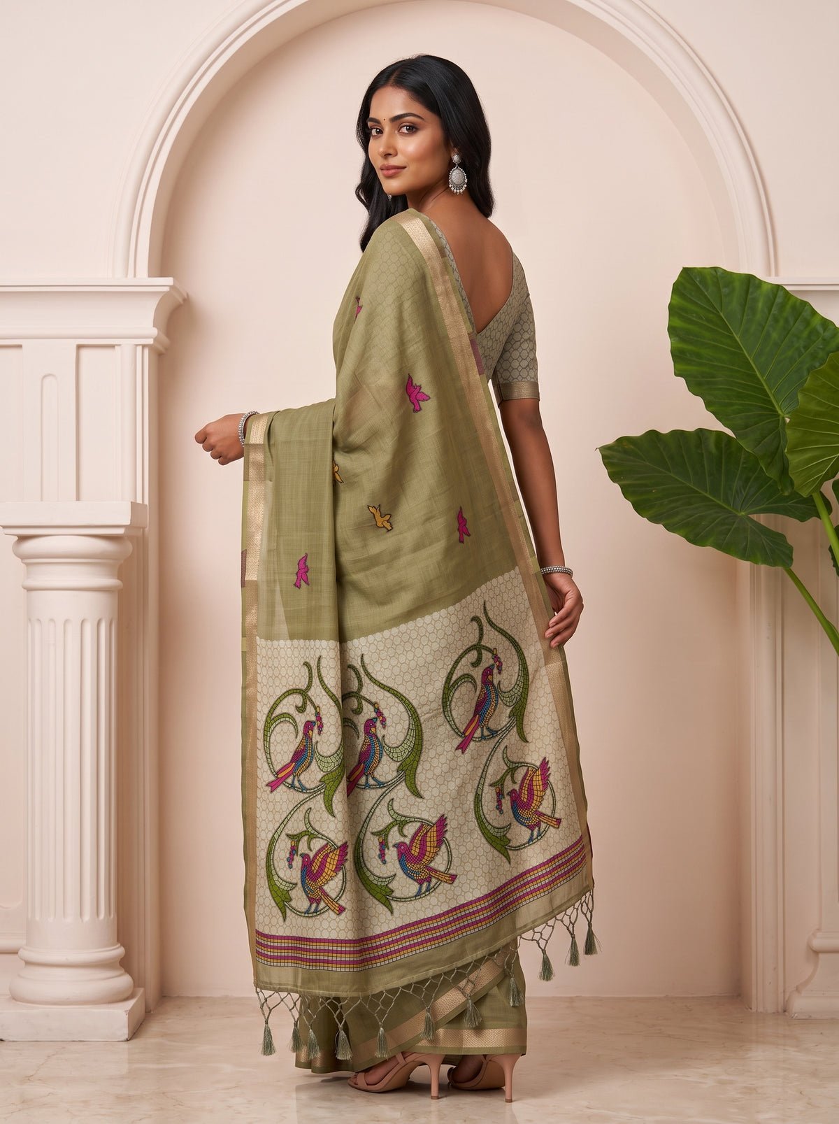 MIMOSA Mehndi Bhagalpuri Cotton linen Saree — pose 7 styling detail