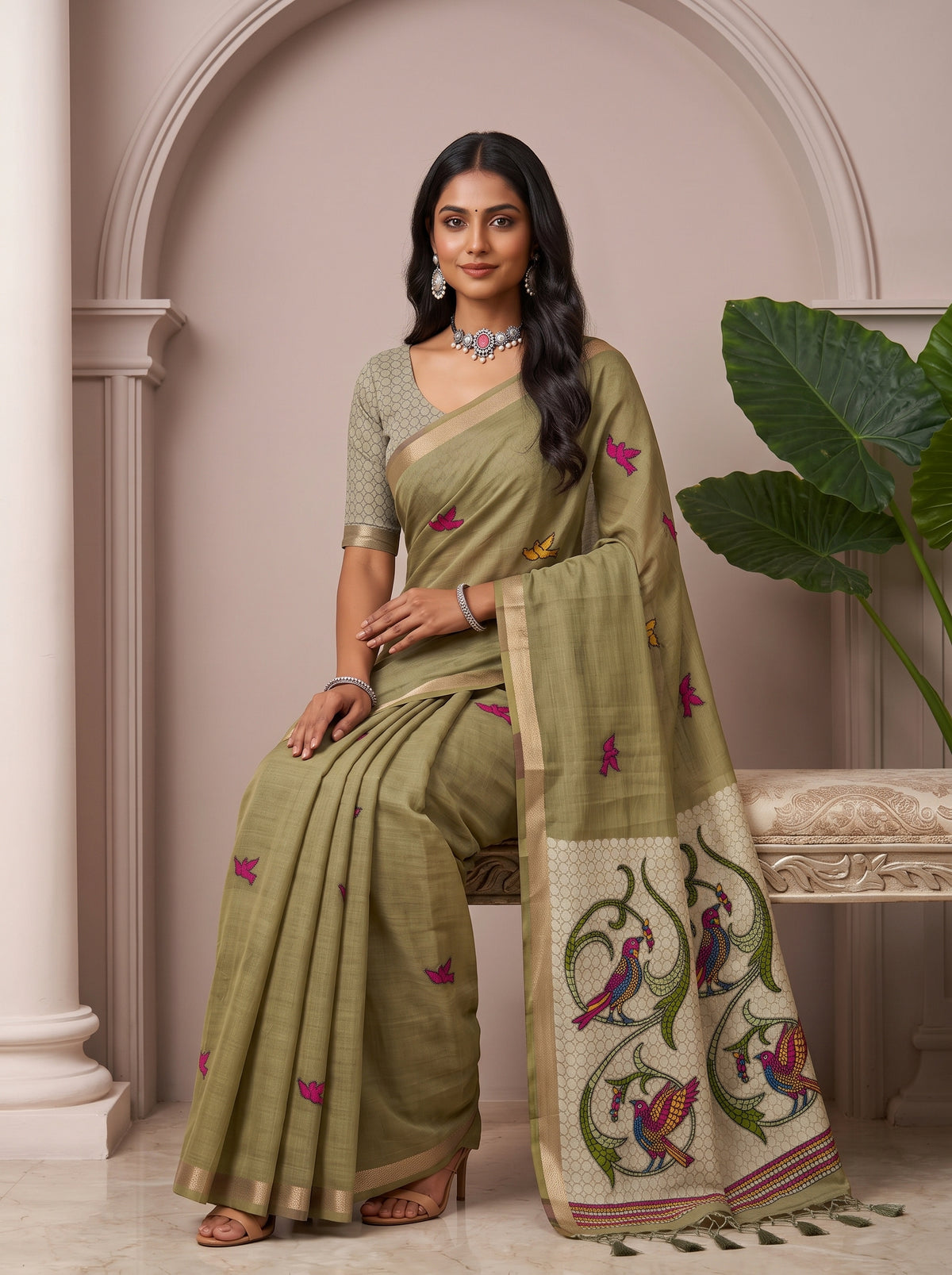 MIMOSA Mehndi Bhagalpuri Cotton linen Saree — pose 8 styling detail