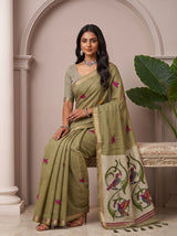MIMOSA Mehndi Bhagalpuri Cotton linen Saree — pose 8 styling detail